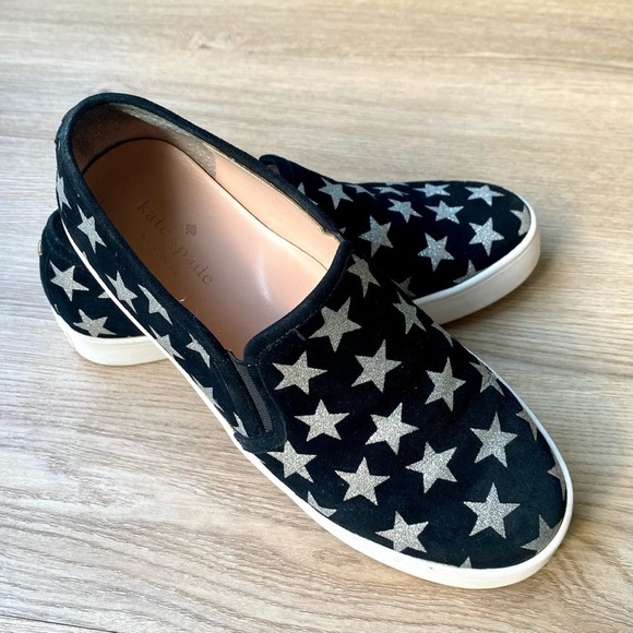 Kate Spade Liberty Black & Silver Metallic Star Suede Sneakers - Slip-On - Picture 2 of 9